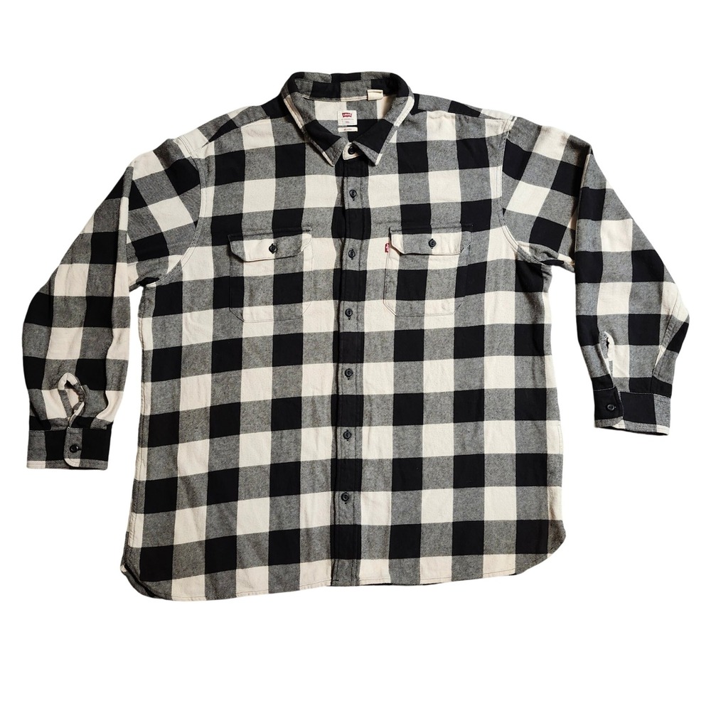 Levis Mens XXL Relaxed Fit Flannel Shirt Black White Buffalo Plaid Button Down